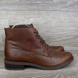 Timberland A2MKG Women’s Sz 8.5 Brown Leather Wood Stacked Heel Lace Up Boots